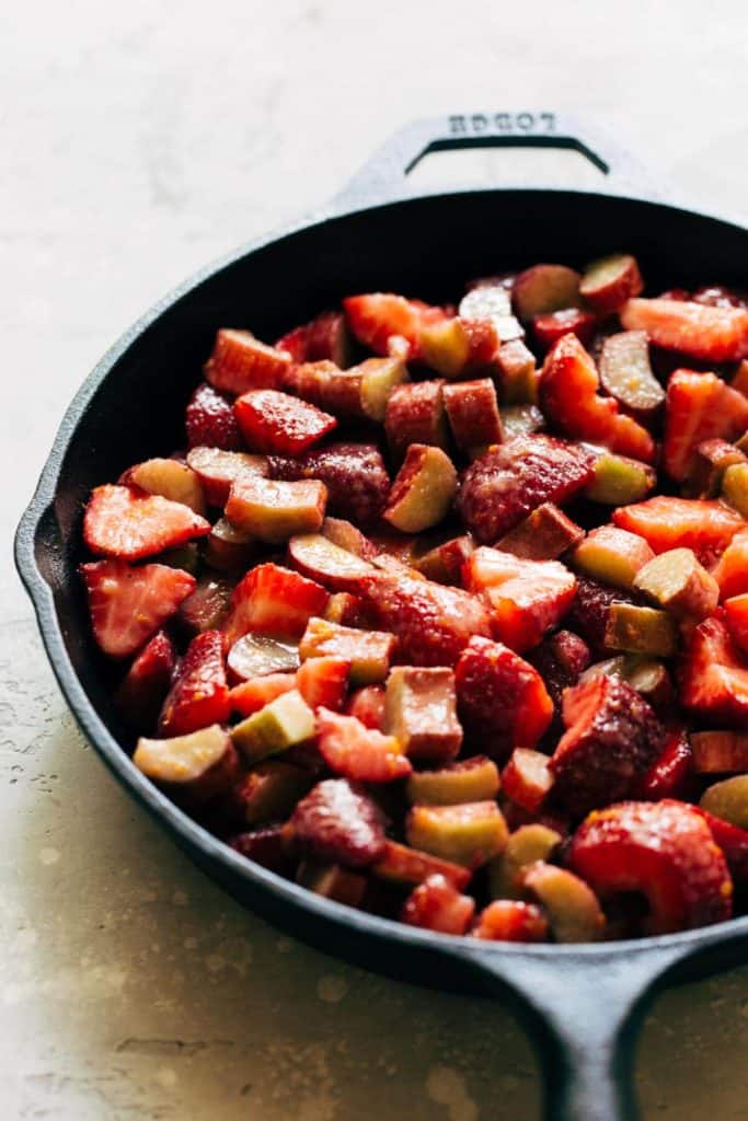 strawberries and rhubarb in a skillet