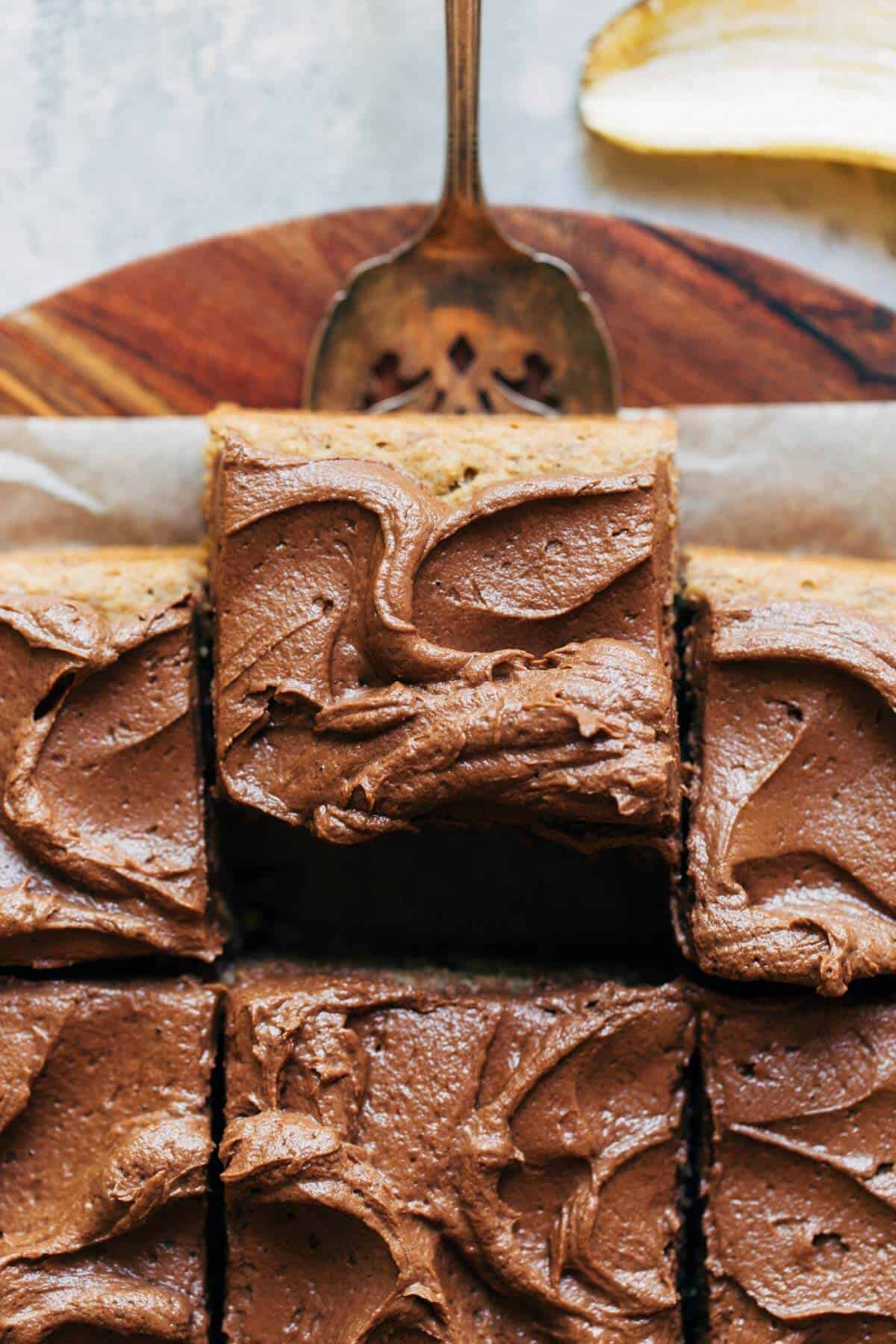 GF + Vegan Banana Cake with Peanut Butter Chocolate Frosting