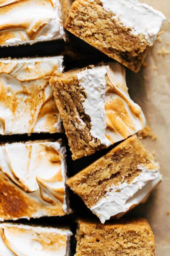 sliced peanut butter cookie bars laying on their side