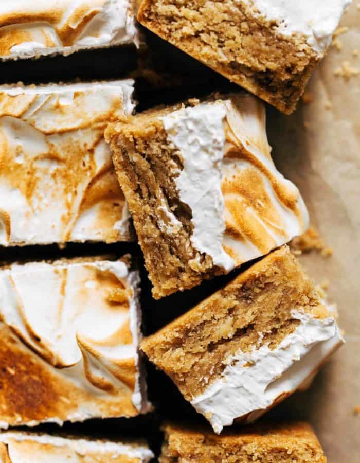 sliced peanut butter cookie bars laying on their side