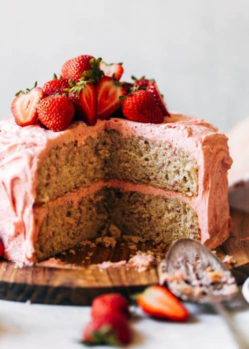 the inside of a strawberry layer cake