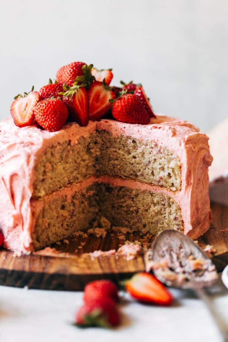 the inside of a strawberry layer cake