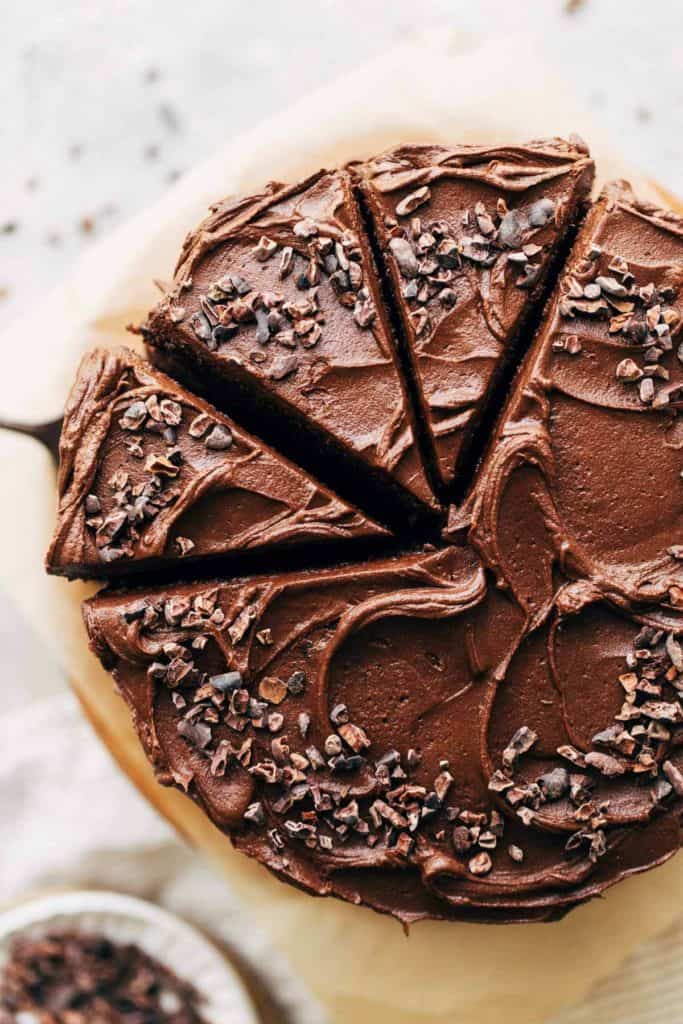 the top view of a sliced chocolate cake