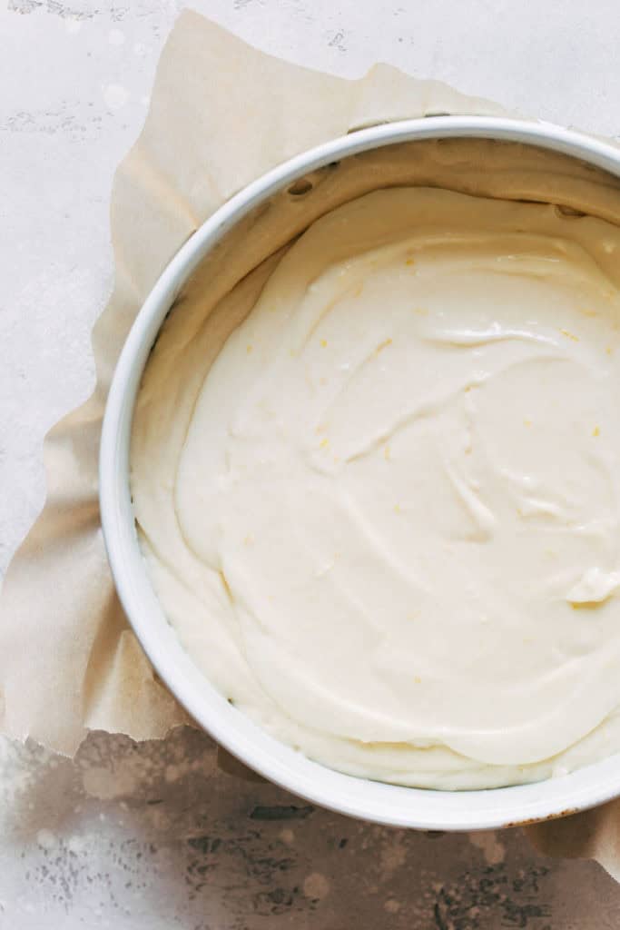 cream cheese spread on top of lemon cake batter