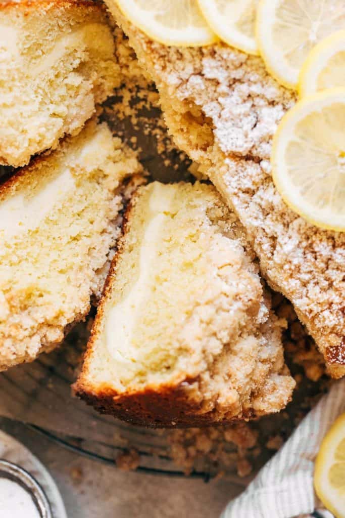 close up on a slice of cream cheese stuffed lemon coffee cake