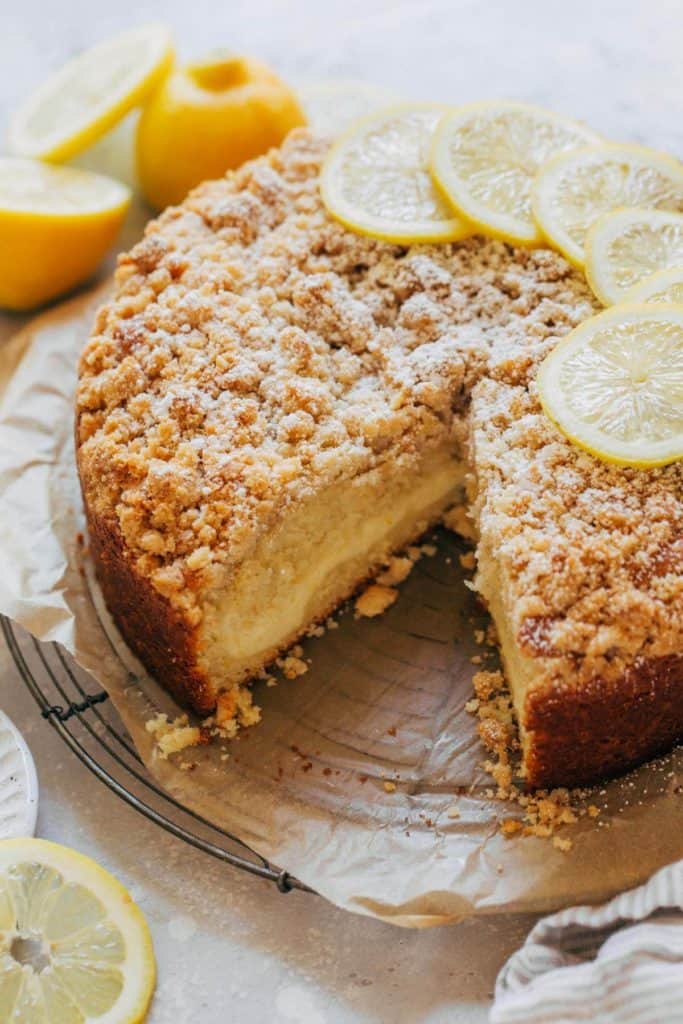 the inside of a cream cheese stuffed lemon coffee cake