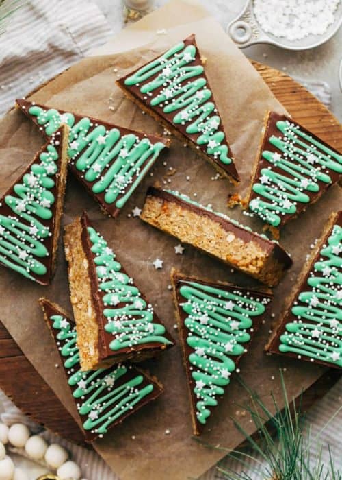 no bake bars scattered on a wooden block