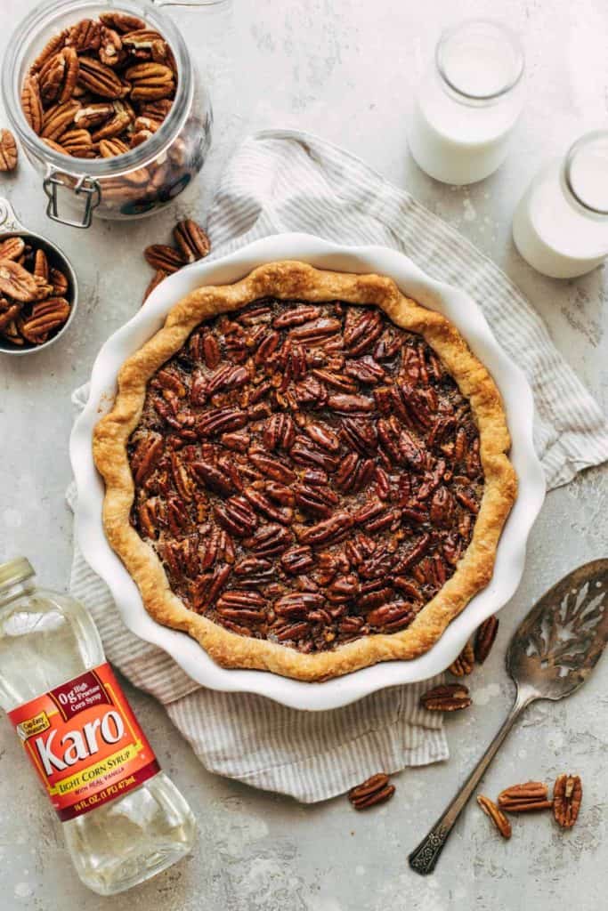 a whole pecan pie freshly baked