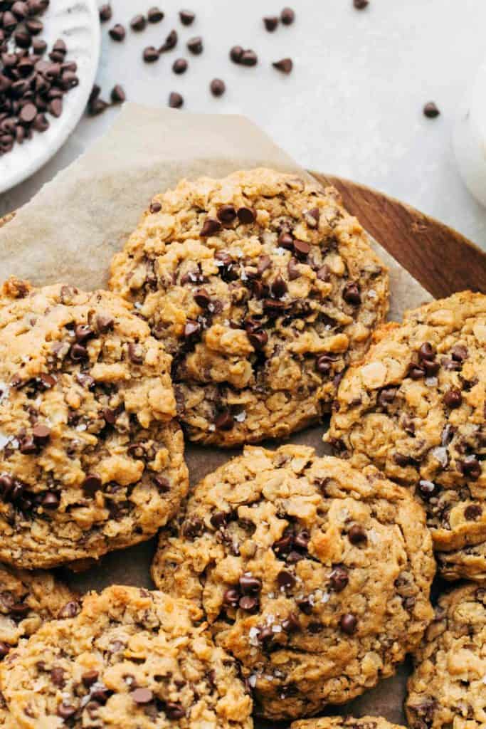 close up on the top of a peanut butter oatmeal chocolate chip cookie