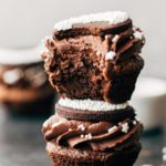 two brownie cupcakes stacked on top of each other