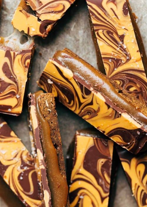 close up on slices of butterbeer twix