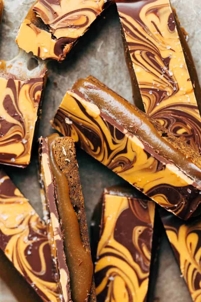 close up on slices of butterbeer twix