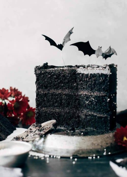 the inside of a sliced black velvet cake