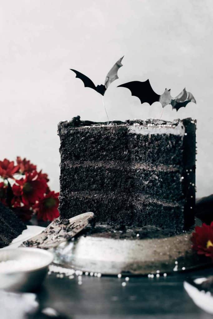 the inside of a sliced black velvet cake