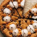 close up on the top of a sliced pumpkin cookie cake