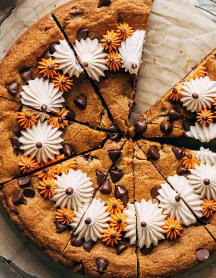 close up on the top of a sliced pumpkin cookie cake