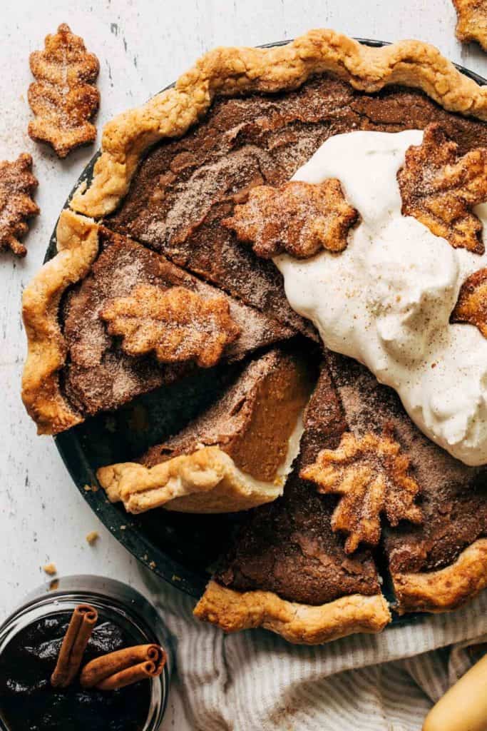 the top of a sliced apple butter pie