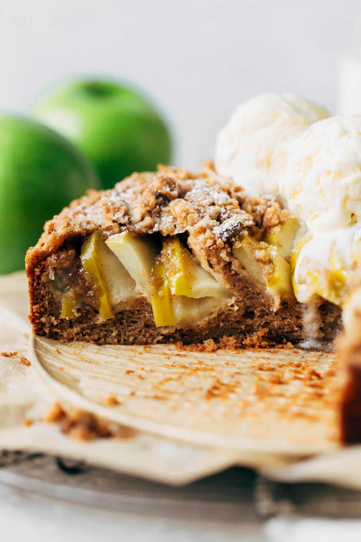 the inside of a sliced apple cake