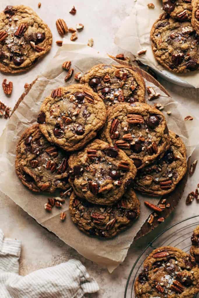 top view of freshly baked butter pecan chocolate chip cookies