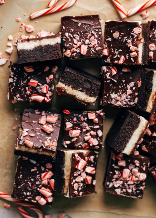top view of scattered slices of peppermint brownies