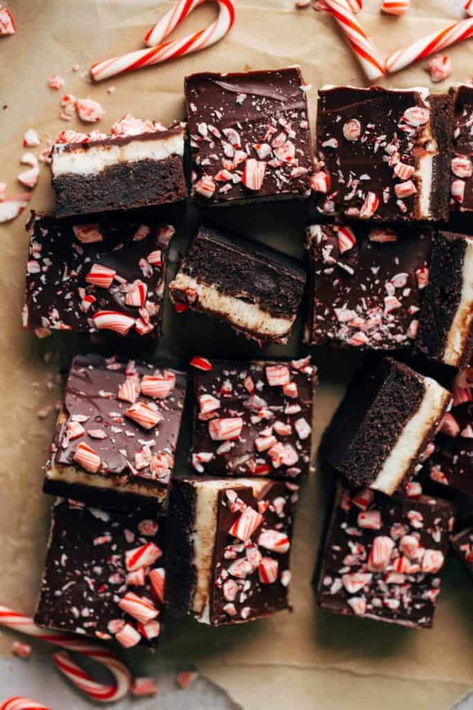 top view of scattered slices of peppermint brownies