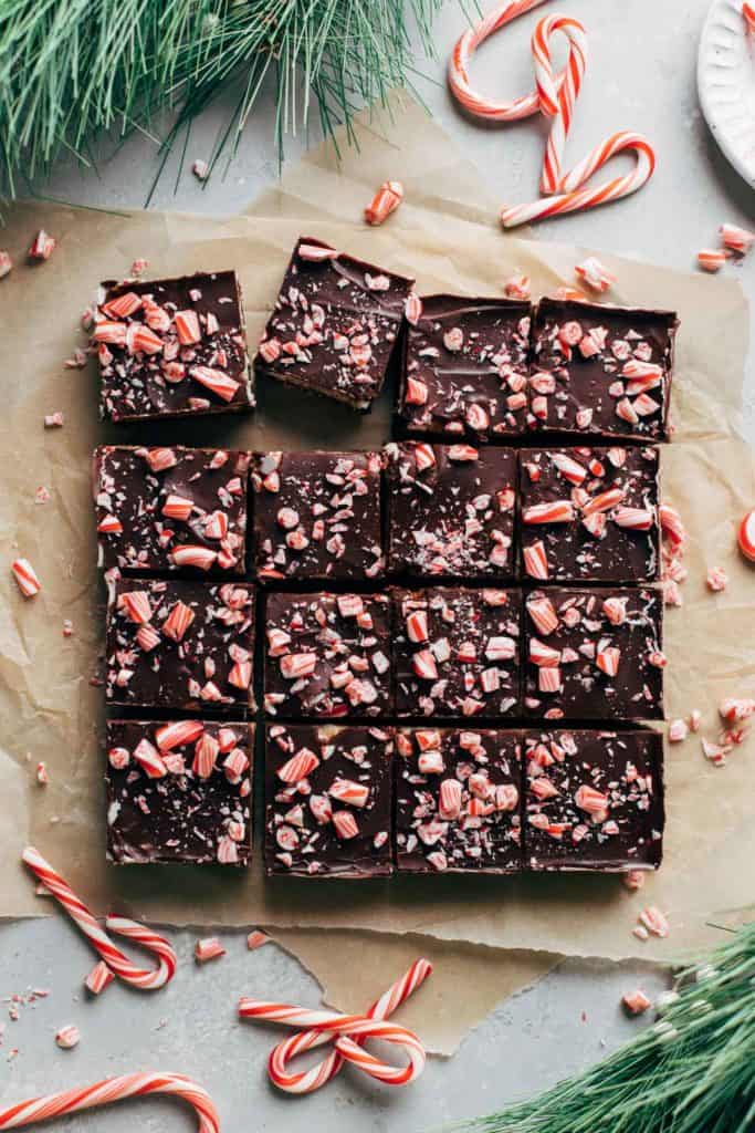 top view of sliced peppermint brownies with crushed candy canes on top