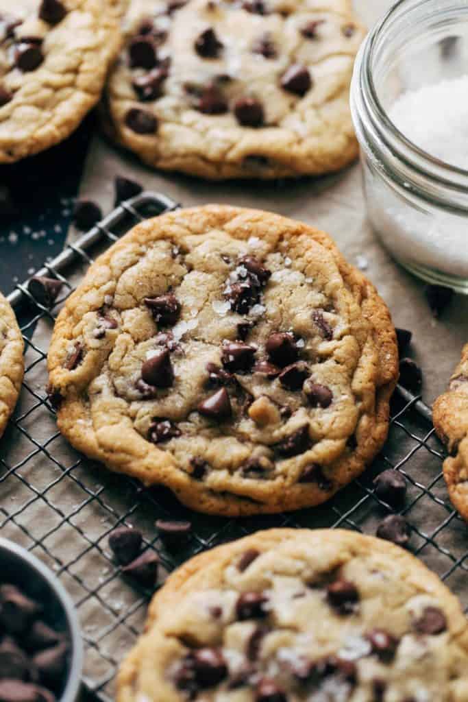 close up on the top of a chocolate chip cookie