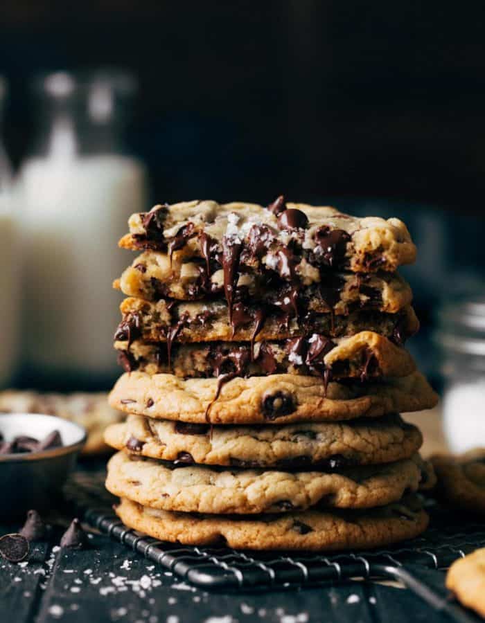 a stack of chocolate chip cookies