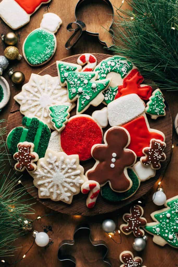 a tray of decorated sugar cookies