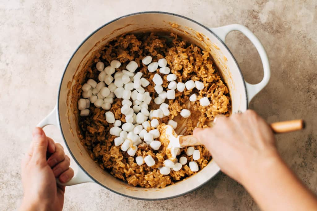 folding marshmallows into no bake marshmallow treats