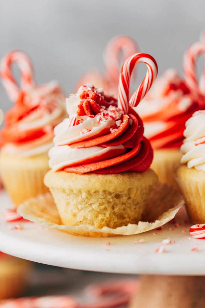 close up on a peppermint swirl cupcake