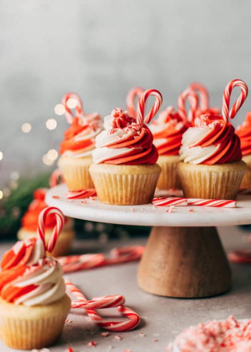 peppermint cupcakes arranged on a cake stand