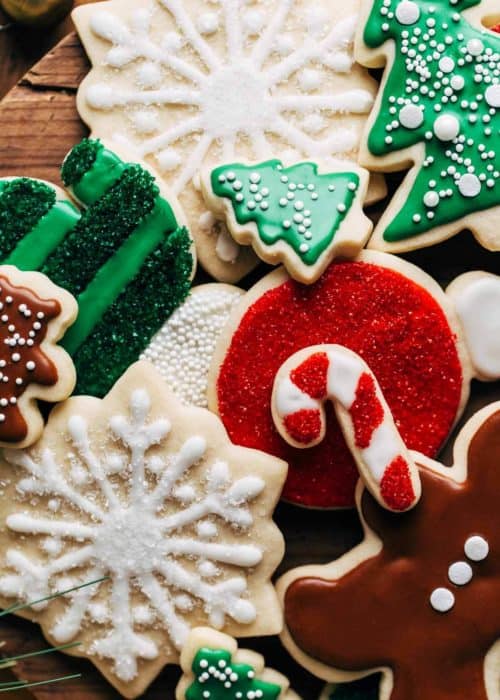 close up on the tops of decorated christmas sugar cookies