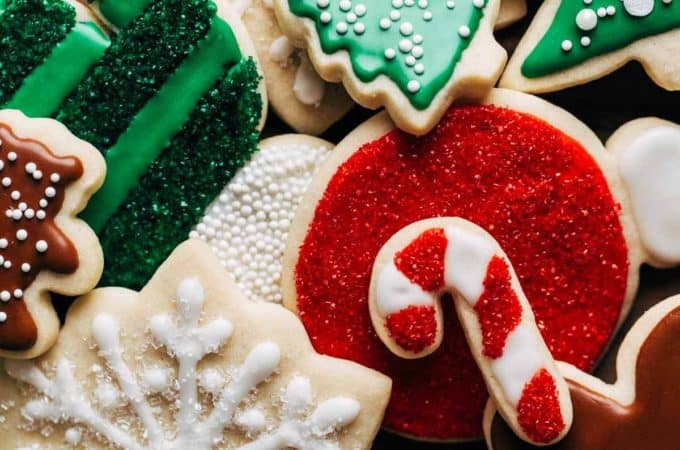close up on the tops of decorated christmas sugar cookies