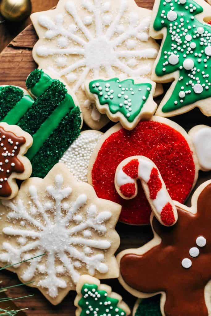 close up on the tops of decorated christmas sugar cookies