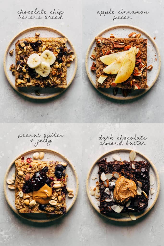 four slices of different baked oatmeal flavors on individual plates