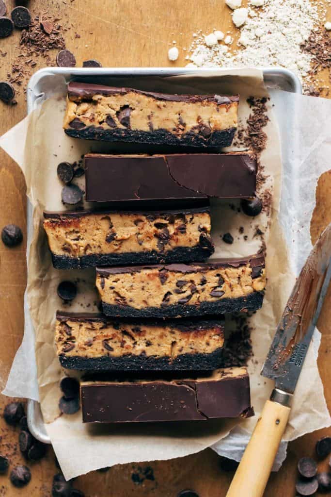 slices of cookie dough bars on a small metal tray