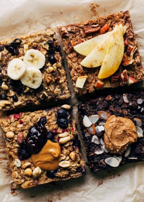 four different flavors of baked oatmeal arranged in a square