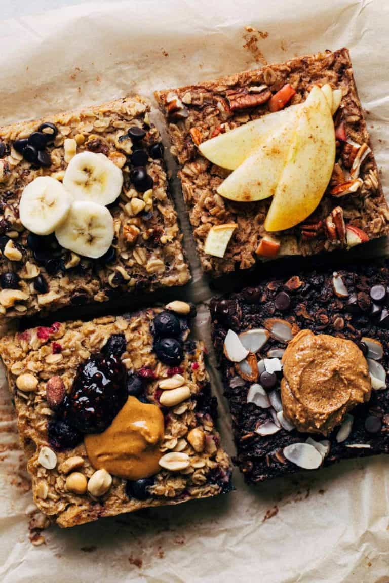 four different flavors of baked oatmeal arranged in a square