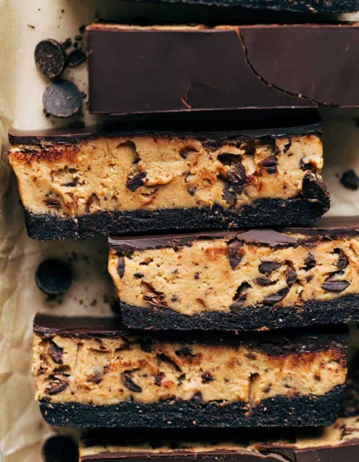 close up on slices of cookie dough bars