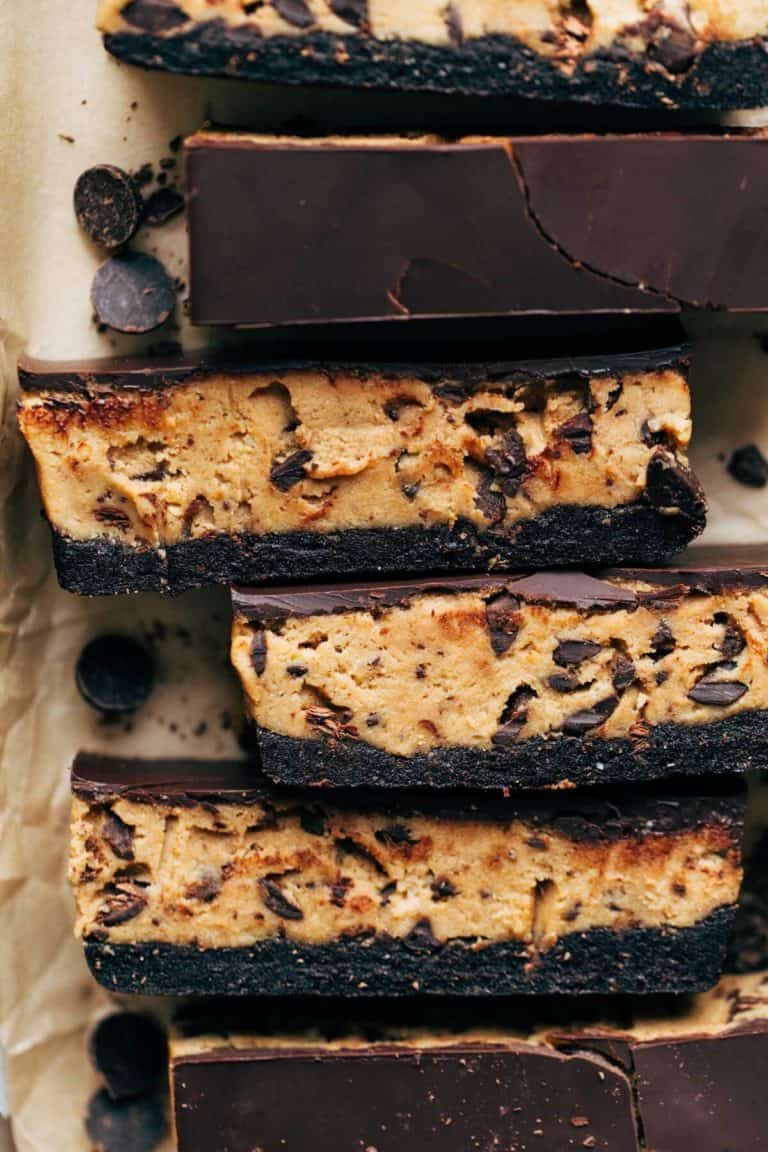 close up on slices of cookie dough bars