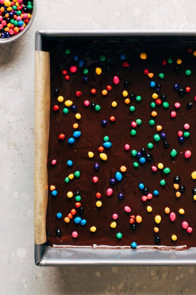 chocolate coated candies sprinkled on top of a layer of chocolate ganache