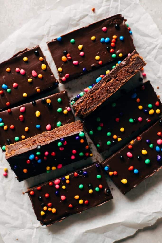 top view of scattered slices of homemade cosmic brownies