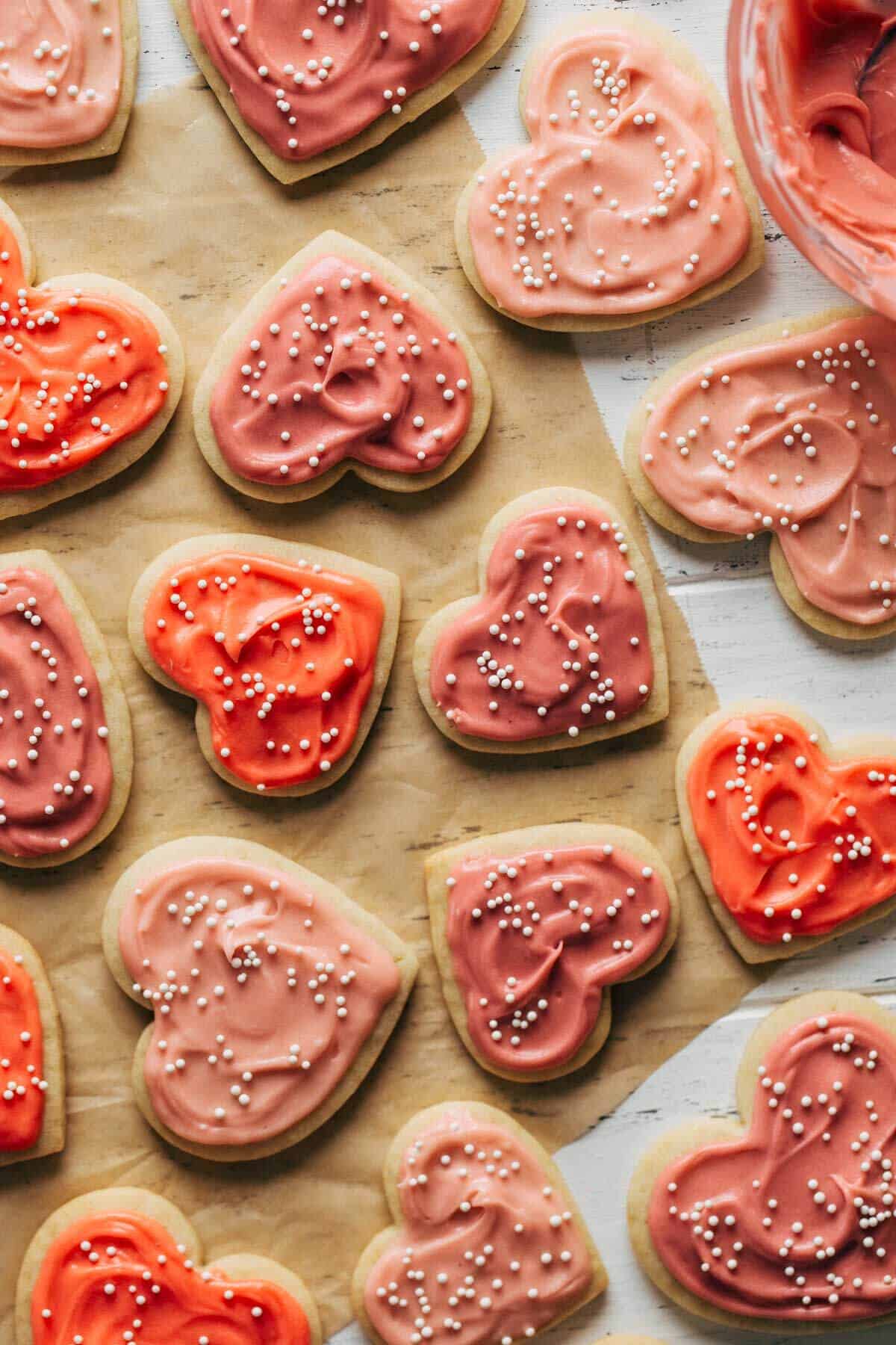 heart cookies with colored cream cheese frosting