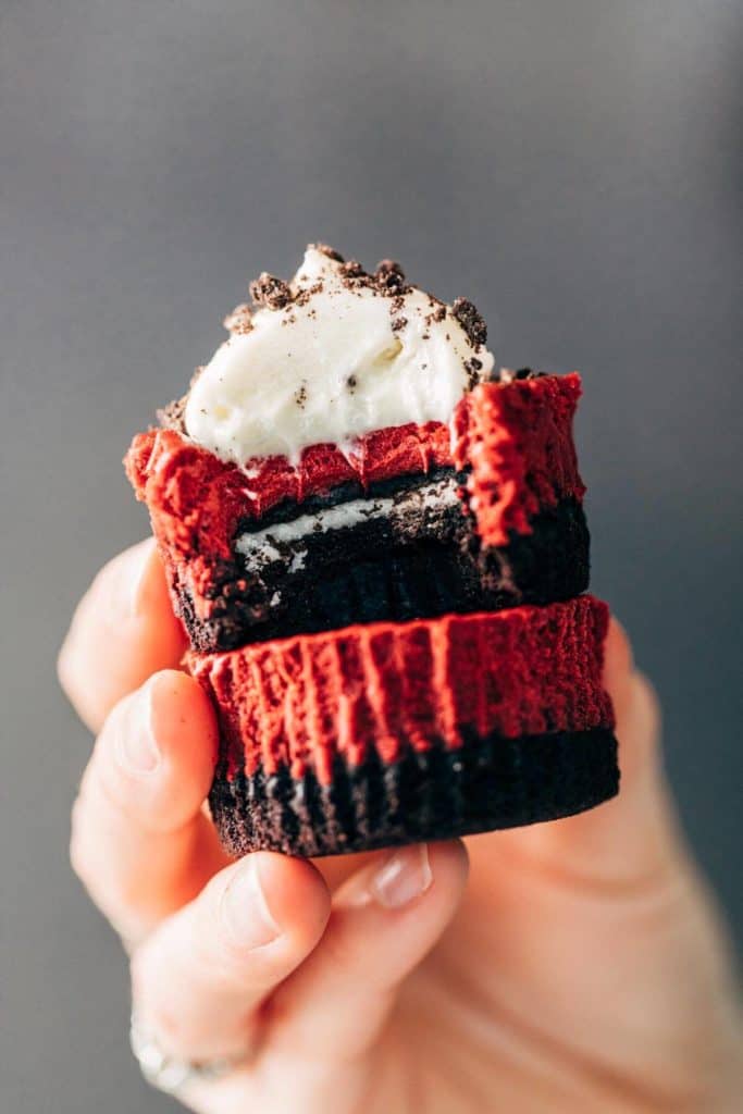 holding two mini red velvet cheesecakes