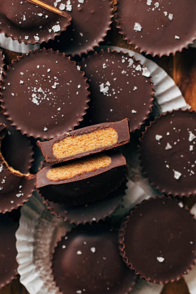 close up on the inside of a sliced peanut butter cup