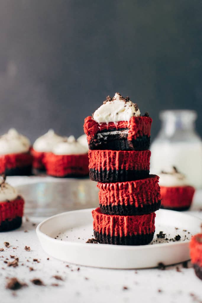 a stack of mini red velvet cheesecakes