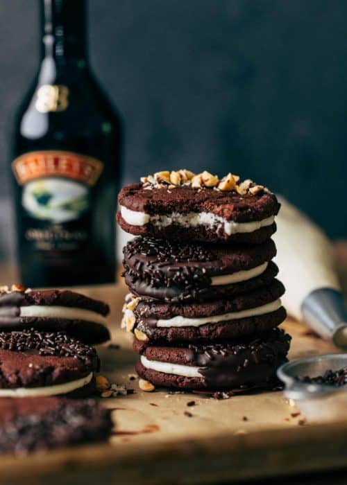 a stack of irish cream filled chocolate sandwich cookies