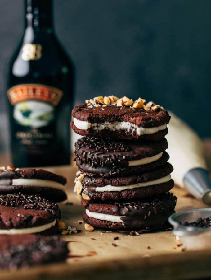 a stack of irish cream filled chocolate sandwich cookies