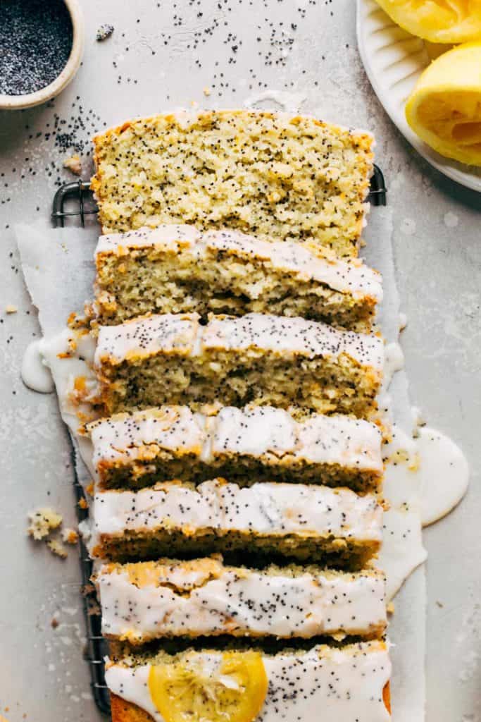 the top view of a sliced lemon poppy seed loaf